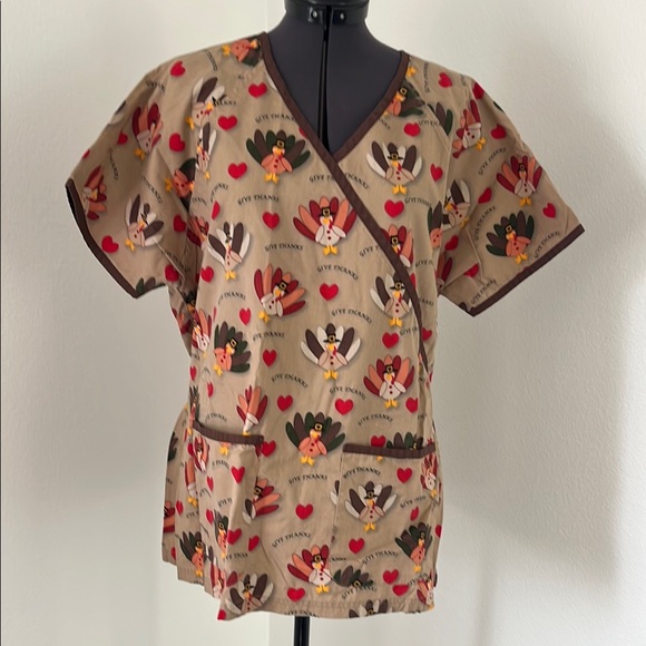 Thanksgiving Turkey Medical Scrub Printed Top - Picture 1 of 3